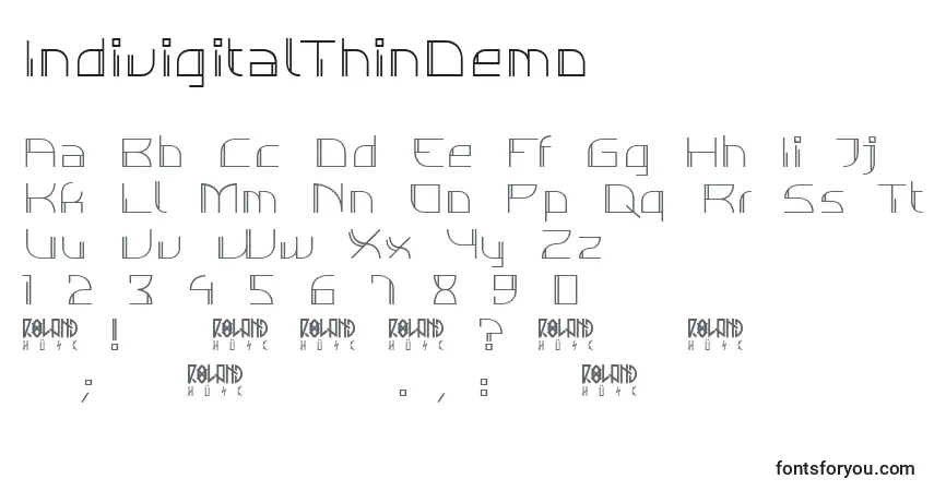 Шрифт IndivigitalThinDemo – алфавит, цифры, специальные символы