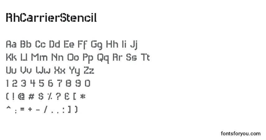 Czcionka RhCarrierStencil – alfabet, cyfry, specjalne znaki