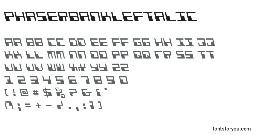 Schriftart PhaserBankLeftalic – Alphabet, Zahlen, spezielle Symbole