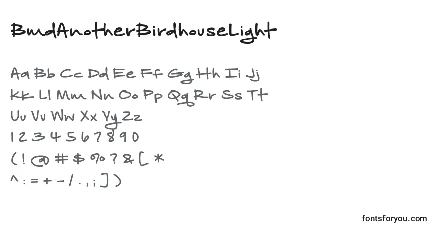 Schriftart BmdAnotherBirdhouseLight – Alphabet, Zahlen, spezielle Symbole