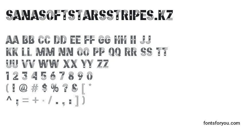 Czcionka SanasoftStarsStripes.Kz – alfabet, cyfry, specjalne znaki