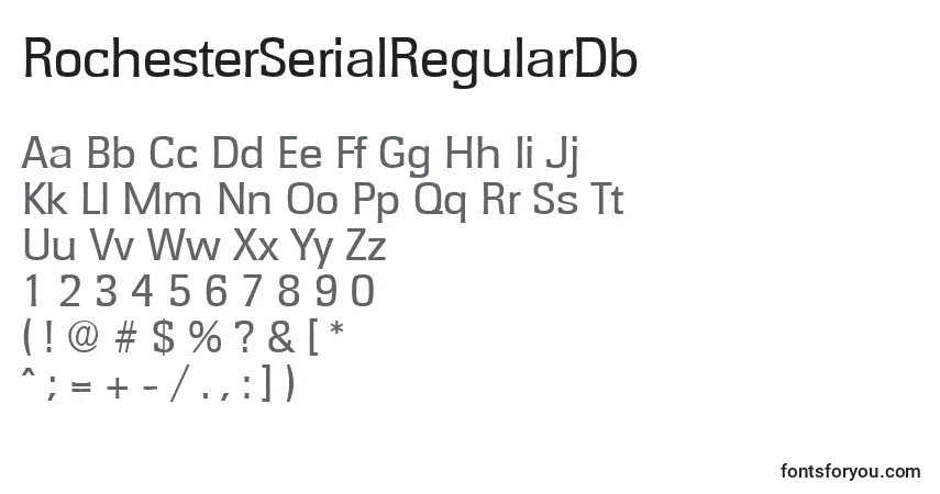 Czcionka RochesterSerialRegularDb – alfabet, cyfry, specjalne znaki