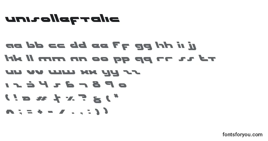 Schriftart UniSolLeftalic – Alphabet, Zahlen, spezielle Symbole