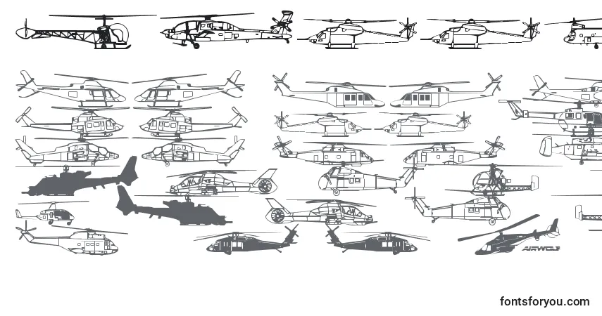 Schriftart Hellocopters2b – Alphabet, Zahlen, spezielle Symbole