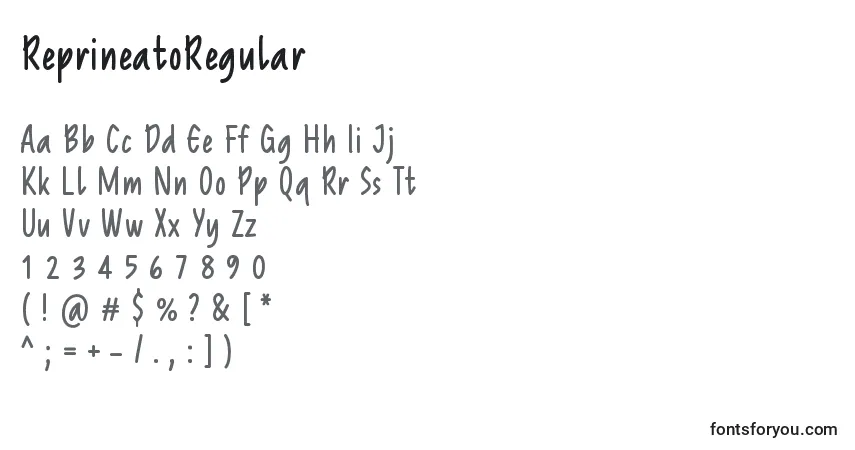 A fonte ReprineatoRegular – alfabeto, números, caracteres especiais