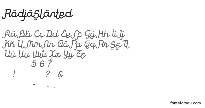 Schriftart RodjaSlanted – Alphabet, Zahlen, spezielle Symbole