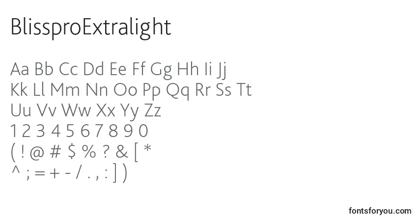 A fonte BlissproExtralight – alfabeto, números, caracteres especiais