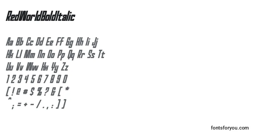 Czcionka RedWorldBoldItalic – alfabet, cyfry, specjalne znaki
