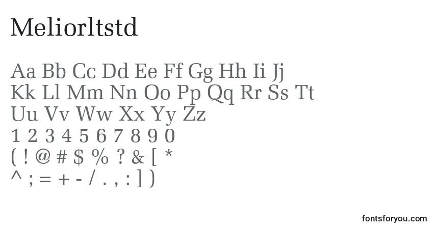A fonte Meliorltstd – alfabeto, números, caracteres especiais