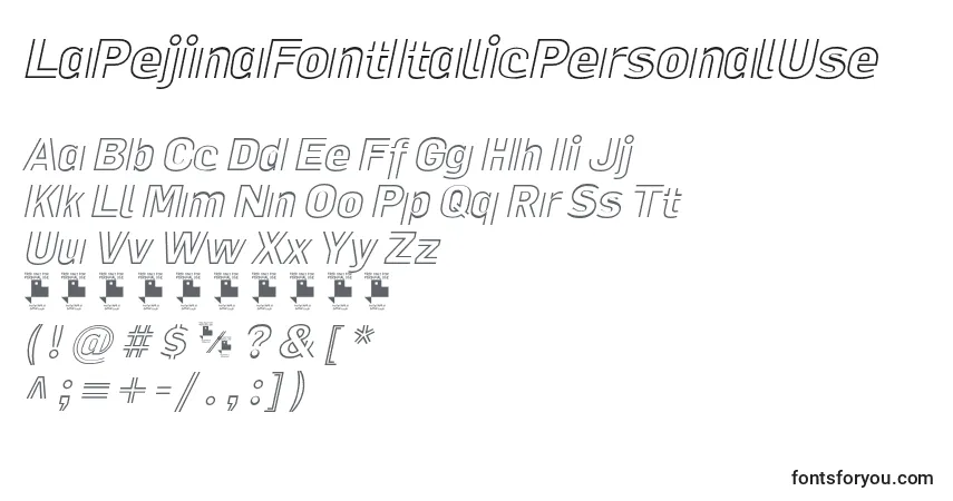 A fonte LaPejinaFontItalicPersonalUse – alfabeto, números, caracteres especiais