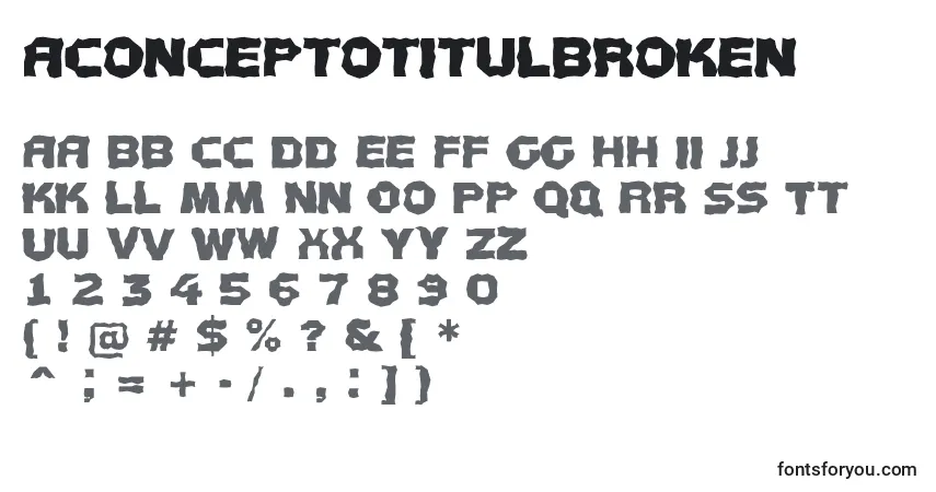 Шрифт AConceptotitulbroken – алфавит, цифры, специальные символы
