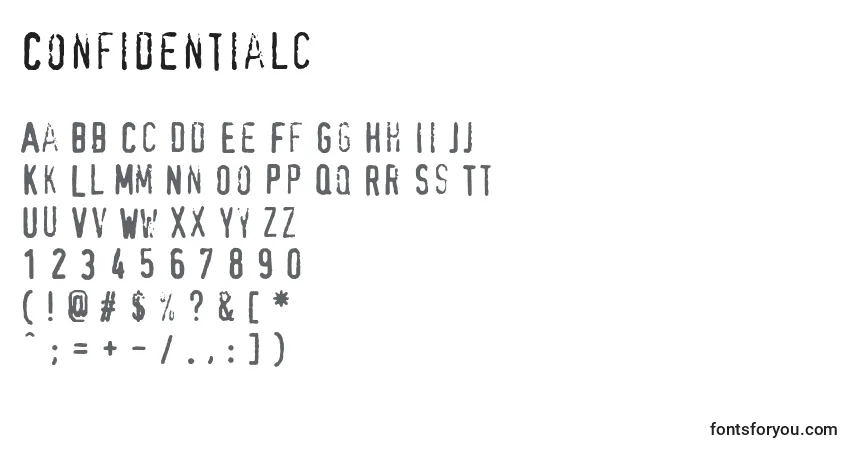 A fonte Confidentialc – alfabeto, números, caracteres especiais