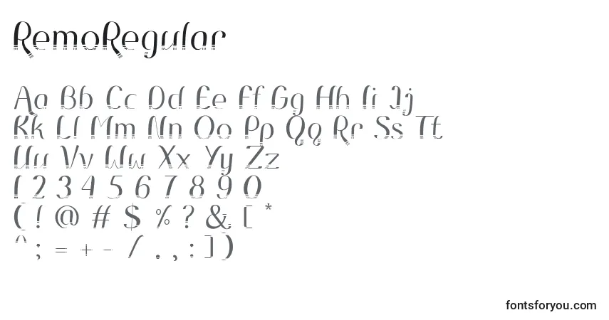 A fonte RemoRegular – alfabeto, números, caracteres especiais