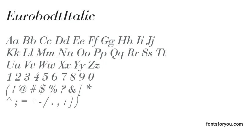Czcionka EurobodtItalic – alfabet, cyfry, specjalne znaki