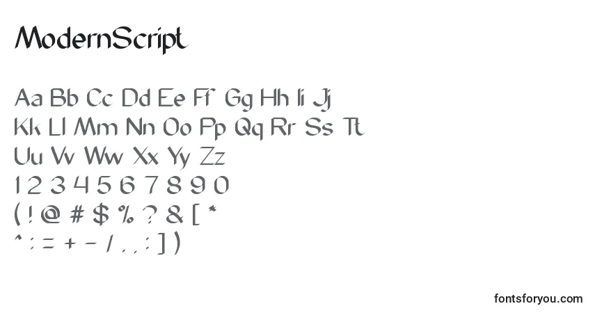Schriftart ModernScript – Alphabet, Zahlen, spezielle Symbole