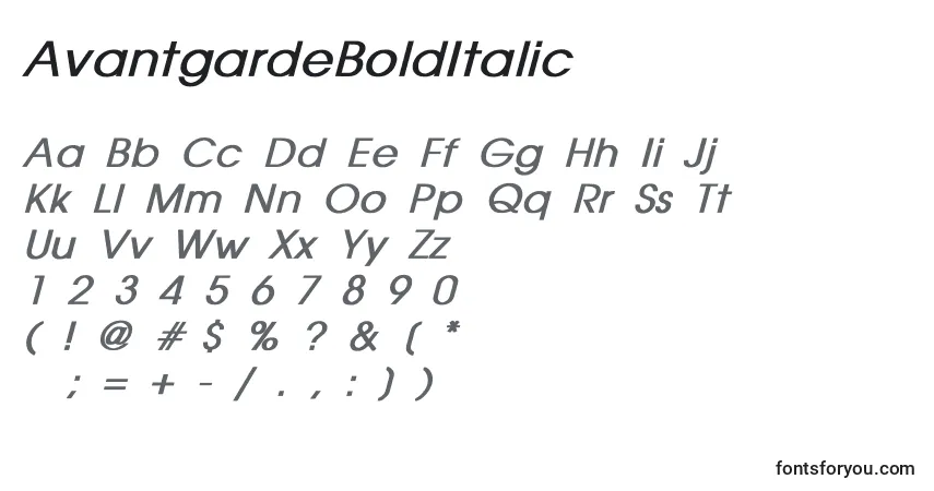 Czcionka AvantgardeBoldItalic – alfabet, cyfry, specjalne znaki