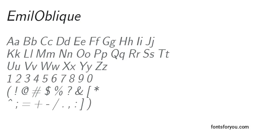 EmilOblique-fontti – aakkoset, numerot, erikoismerkit