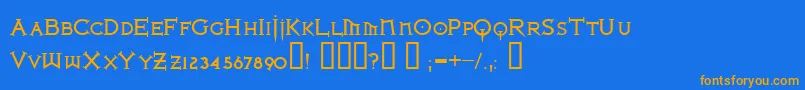 IronLeagueSmallcapsBold-Schriftart – Orangefarbene Schriften auf blauem Hintergrund