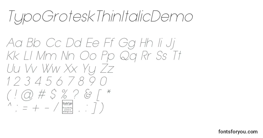 Schriftart TypoGroteskThinItalicDemo – Alphabet, Zahlen, spezielle Symbole