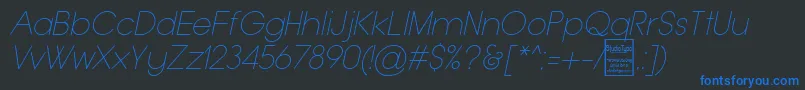 TypoGroteskThinItalicDemo-Schriftart – Blaue Schriften auf schwarzem Hintergrund