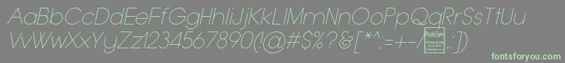 Fonte TypoGroteskThinItalicDemo – fontes verdes em um fundo cinza