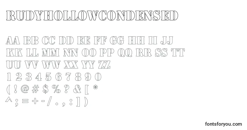 A fonte RudyHollowCondensed – alfabeto, números, caracteres especiais