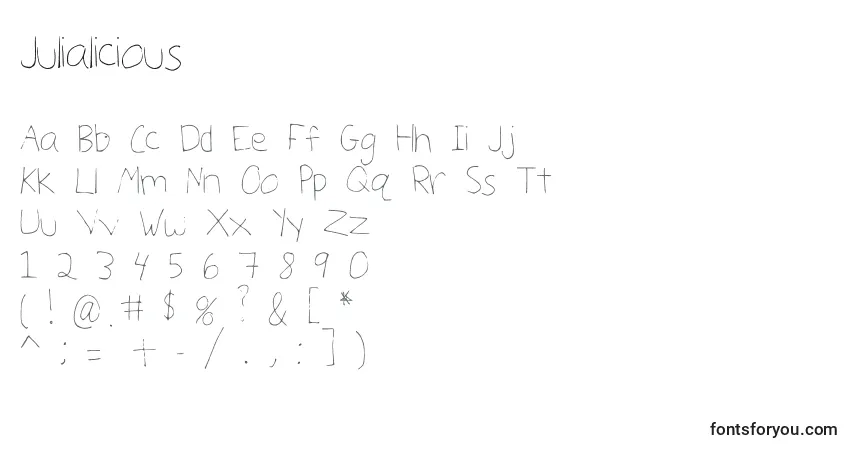 A fonte Julialicious – alfabeto, números, caracteres especiais