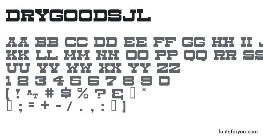 Czcionka DryGoodsJl – alfabet, cyfry, specjalne znaki