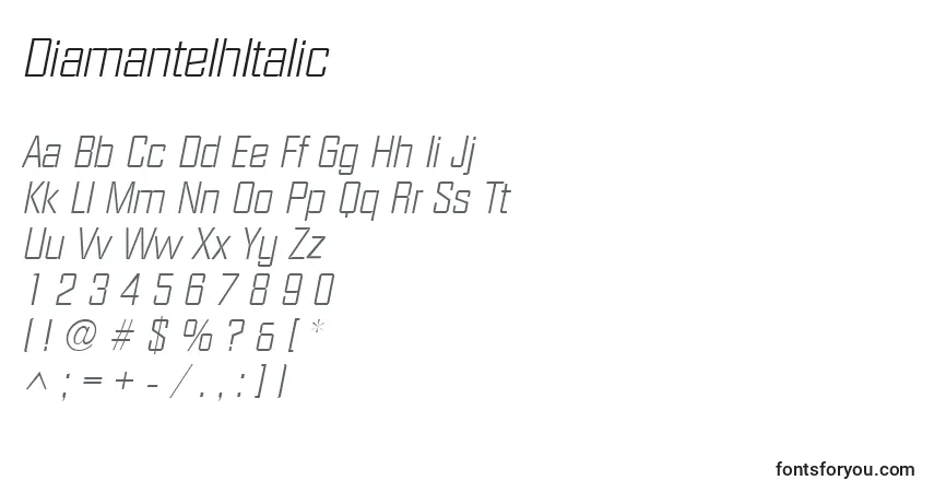 A fonte DiamantelhItalic – alfabeto, números, caracteres especiais