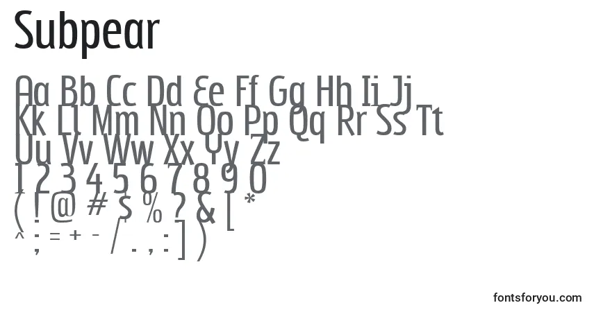 Czcionka Subpear – alfabet, cyfry, specjalne znaki