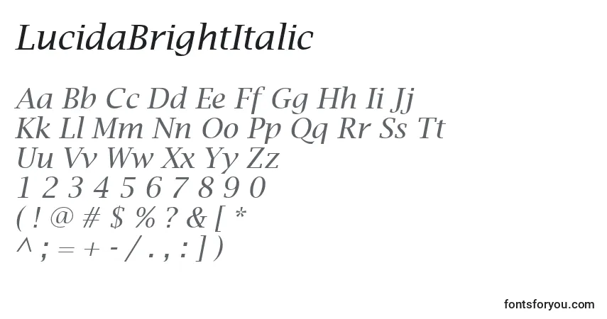 A fonte LucidaBrightItalic – alfabeto, números, caracteres especiais