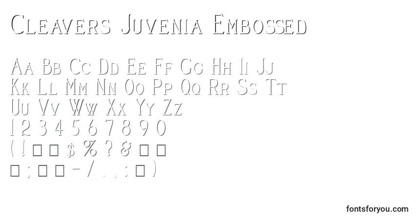 Czcionka Cleavers Juvenia Embossed – alfabet, cyfry, specjalne znaki