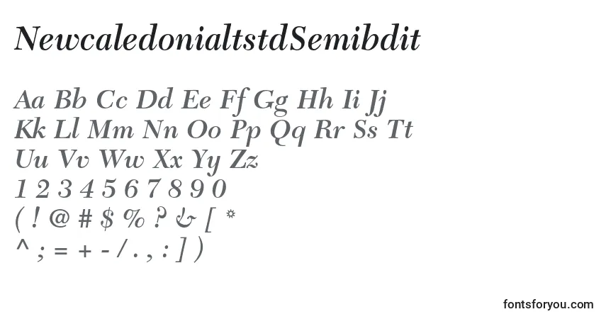 A fonte NewcaledonialtstdSemibdit – alfabeto, números, caracteres especiais