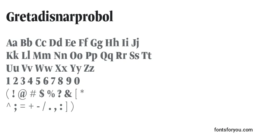 A fonte Gretadisnarprobol – alfabeto, números, caracteres especiais