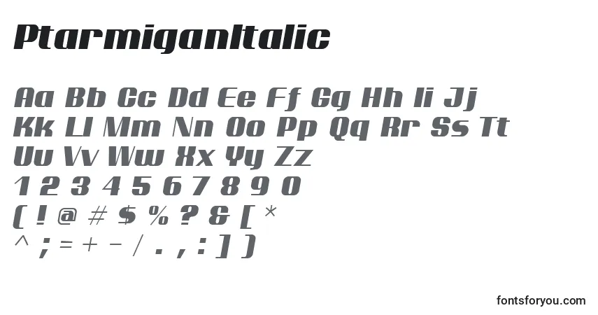 PtarmiganItalicフォント–アルファベット、数字、特殊文字