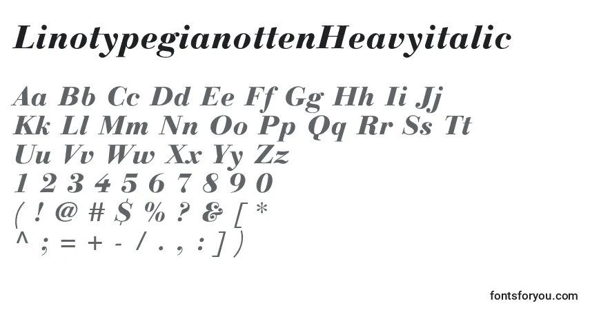 Czcionka LinotypegianottenHeavyitalic – alfabet, cyfry, specjalne znaki