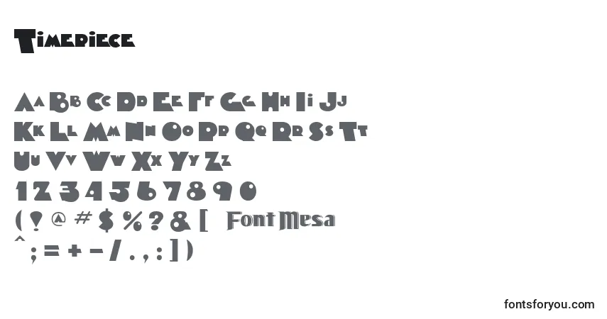 Czcionka Timepiece – alfabet, cyfry, specjalne znaki