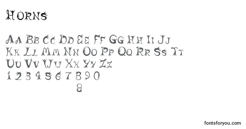 Czcionka Horns – alfabet, cyfry, specjalne znaki