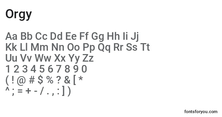 Czcionka Orgy – alfabet, cyfry, specjalne znaki