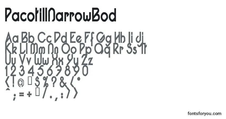 Czcionka PacotillNarrowBod – alfabet, cyfry, specjalne znaki