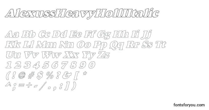Schriftart AlexussHeavyHollIItalic – Alphabet, Zahlen, spezielle Symbole
