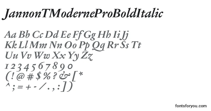 A fonte JannonTModerneProBoldItalic – alfabeto, números, caracteres especiais