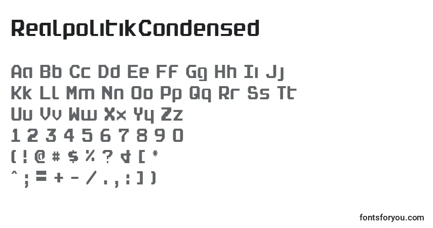 A fonte RealpolitikCondensed – alfabeto, números, caracteres especiais