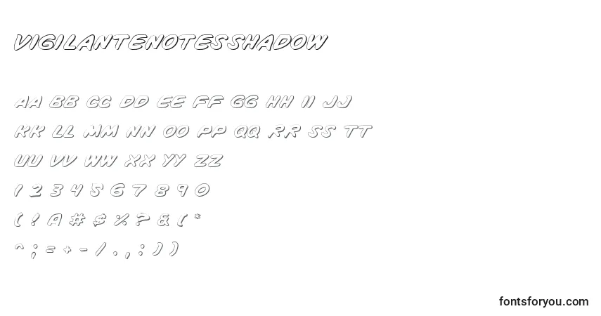 Czcionka VigilanteNotesShadow – alfabet, cyfry, specjalne znaki