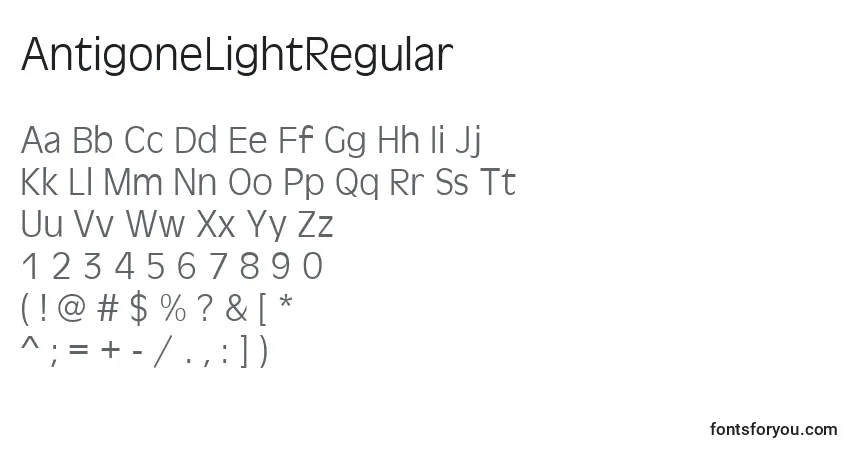 A fonte AntigoneLightRegular – alfabeto, números, caracteres especiais