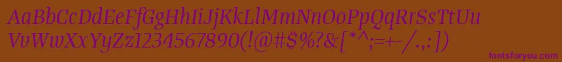 TangerserifnarrowBookitalic Font – Purple Fonts on Brown Background