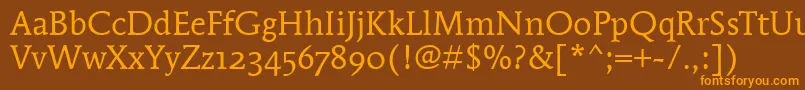 MendozaRomanOsItcTtBookフォントについての詳細 フォントMendozaRomanOsItcTtBook – オレンジ色の文字が茶色の背景にあります。