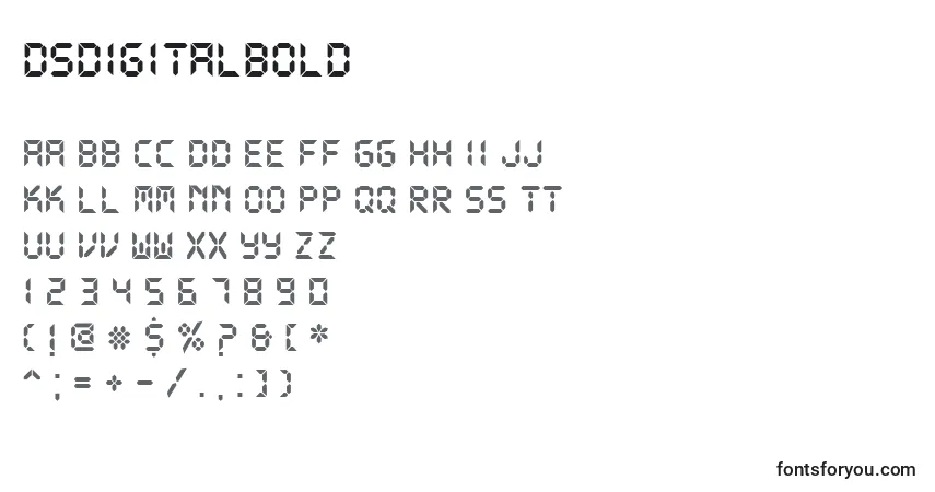 A fonte DsDigitalBold – alfabeto, números, caracteres especiais