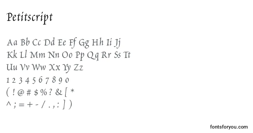 Шрифт Petitscript – алфавит, цифры, специальные символы