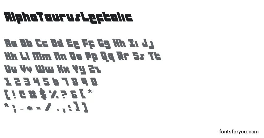 Czcionka AlphaTaurusLeftalic – alfabet, cyfry, specjalne znaki
